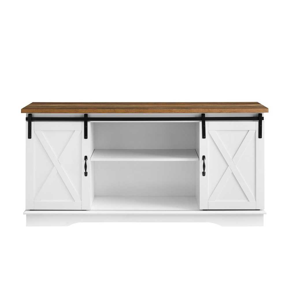 58" Sliding Barn Door Modern Farmhouse Wood TV Stand - White/Rustic Oak