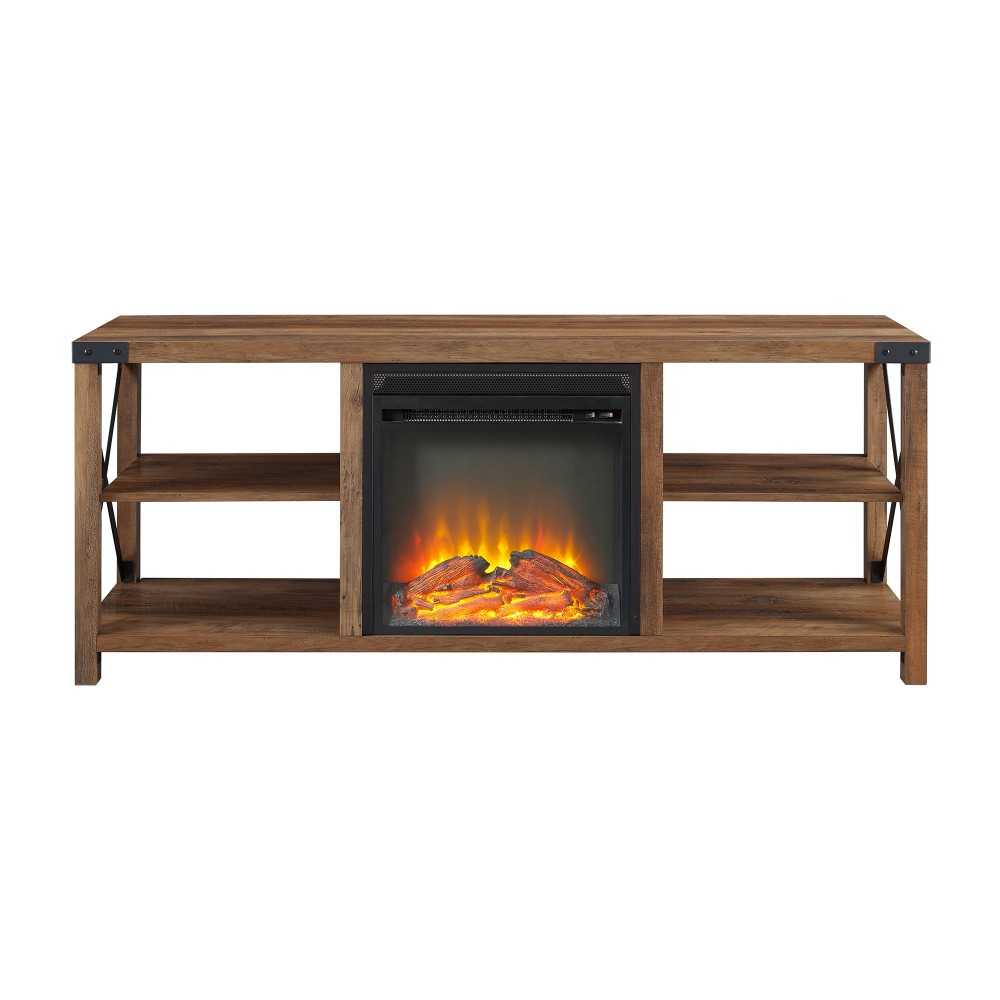 60" Farmhouse Metal X Fireplace Console - Rustic Oak