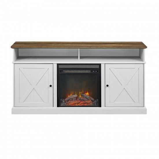 60" Tall Highboy Barn Door Fireplace TV Stand - Rustic Oak/Brushed White