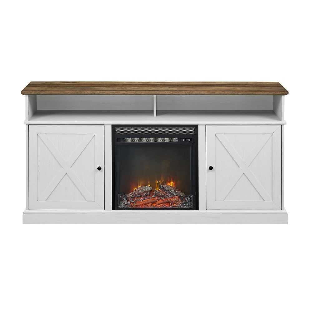 60" Tall Highboy Barn Door Fireplace TV Stand - Rustic Oak/Brushed White