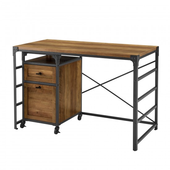 48" Angle Iron Desk with Filing Cabinet Cabinet - Rustic Oak