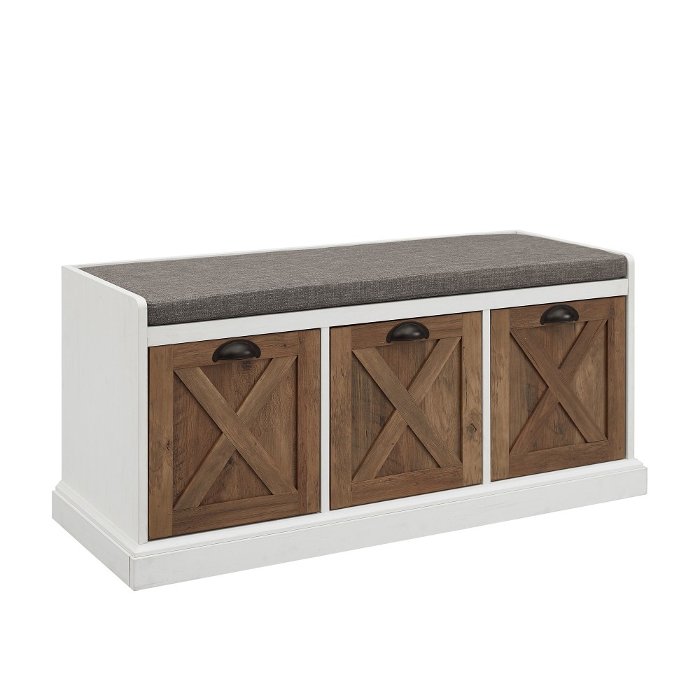 40" Farmhouse 3 Drawer Storage Bench - Rustic Oak/Brushed White/Storm Grey