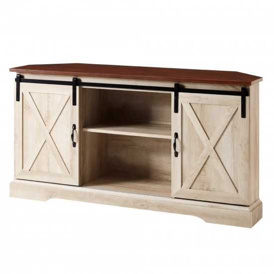 52" Sliding Barn Door Corner TV Stand - Traditional Brown/White Oak