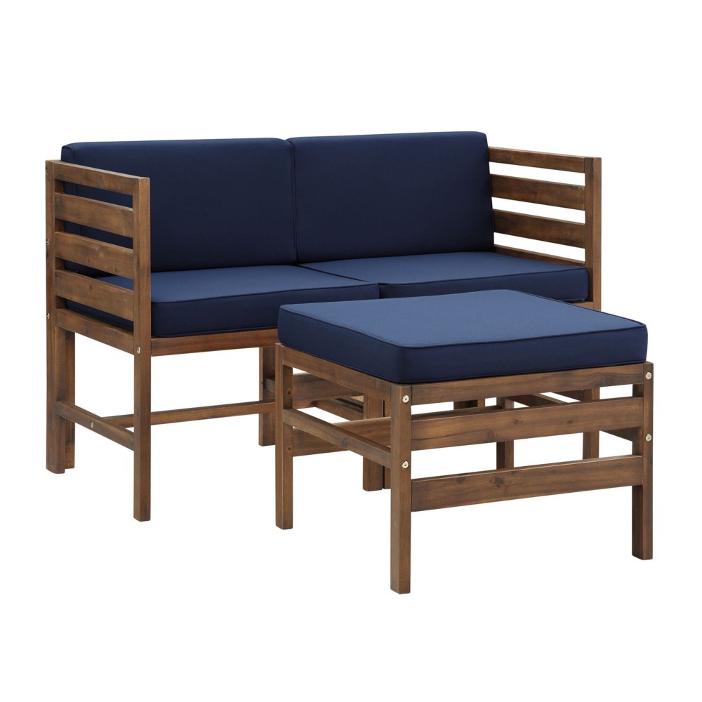 Sanibel Modular Acacia Patio Arm Chairs and Ottoman - Dark Brown/Navy Blue