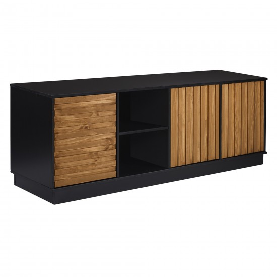 Modern Boho 3 Grooved Door Wood TV Stand for TVs up to 80” – Caramel/Black