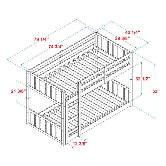 Traditional Twin over Twin Solid Wood Stackable Slat Bunk Bed – Grey