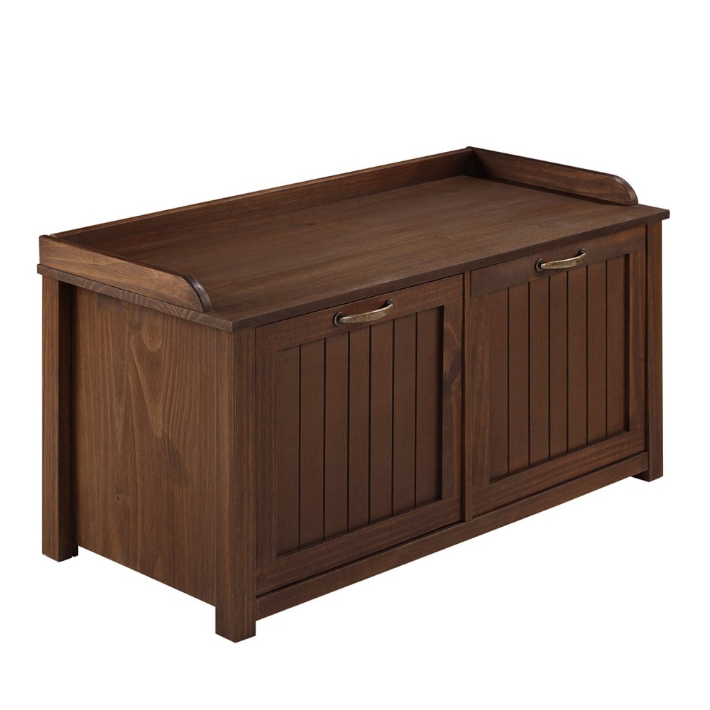 Modern Farmhouse Tray Top Grooved Drop Down Shoe Storage Entry Bench – Walnut Modern Farmhouse Tray Top Grooved Drop Down Shoe Storage Entry Bench – Walnut