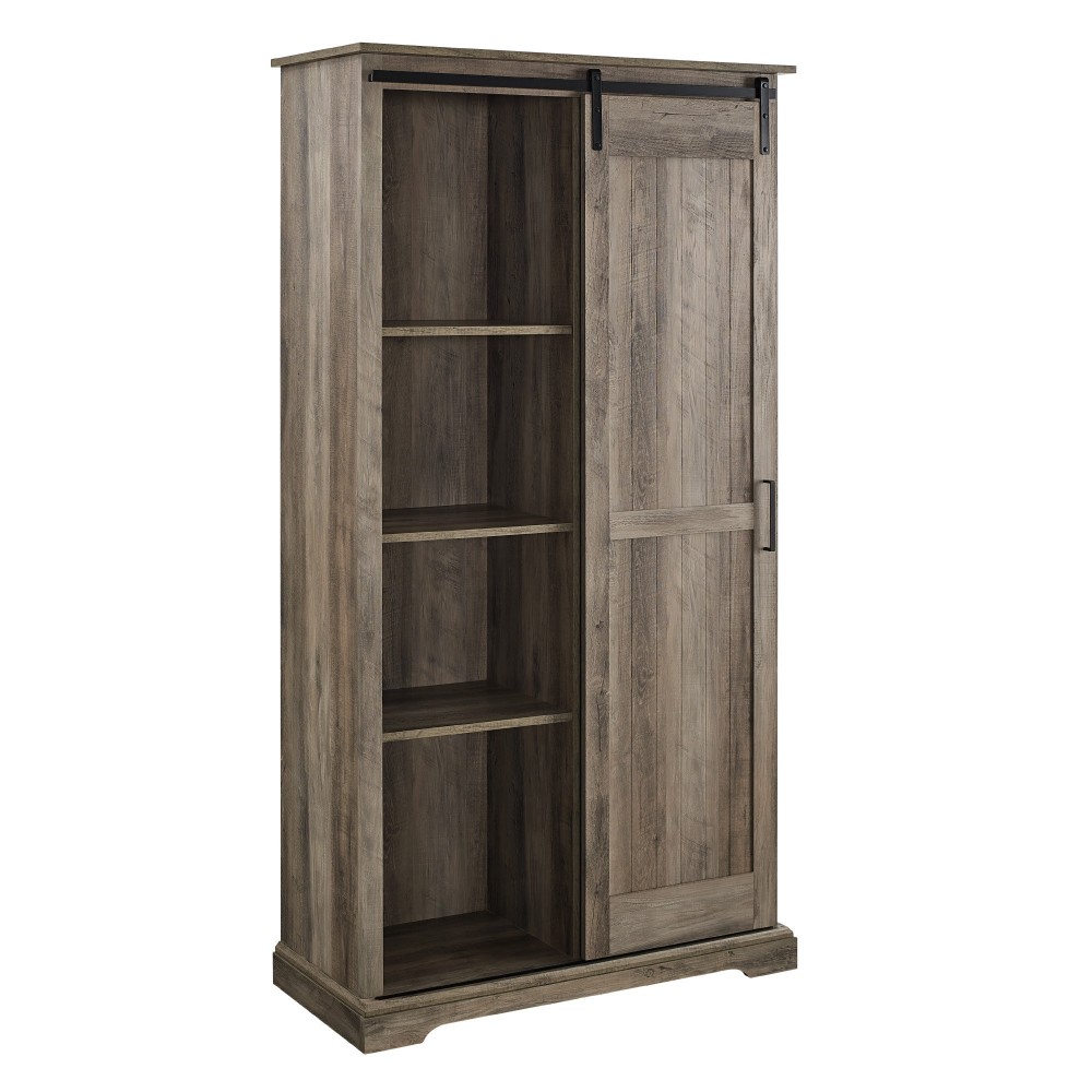 Modern Farmhouse Grooved Sliding Door Tall Storage Cabinet – Grey Wash Modern Farmhouse Grooved Sliding Door Tall Storage Cabinet – Grey Wash