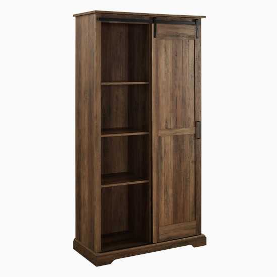 Modern Farmhouse Grooved Sliding Door Tall Storage Cabinet – Rustic Oak