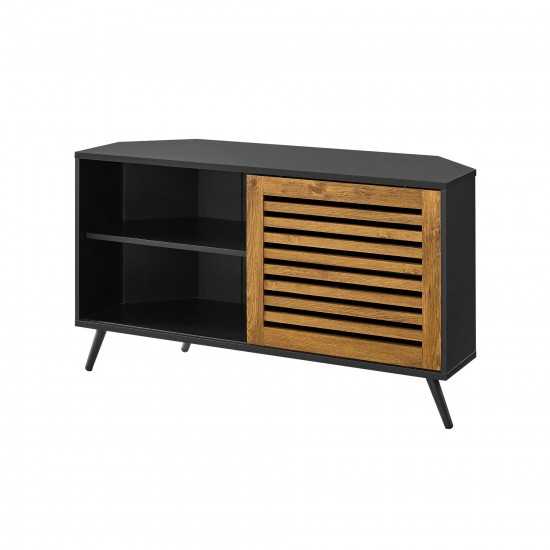 Sliding Slat Door Corner TV Stand for TVs up to 50 In – Barnwood/Solid Black