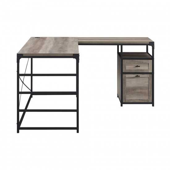 Angle Iron L-Shaped Computer Desk with Storage - Grey Wash