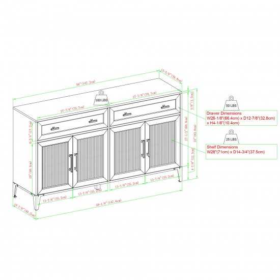 58" Fluted Glass Door 2-Drawer Sideboard - Birch