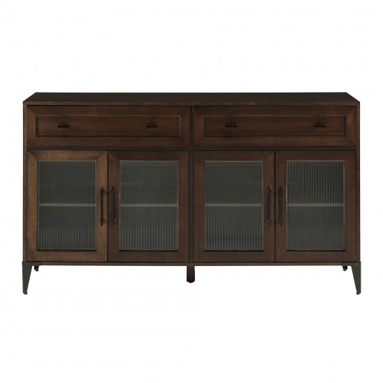 58" Fluted Glass Door 2-Drawer Sideboard - Dark Brown Oak