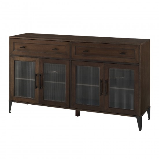 58" Fluted Glass Door 2-Drawer Sideboard - Dark Brown Oak