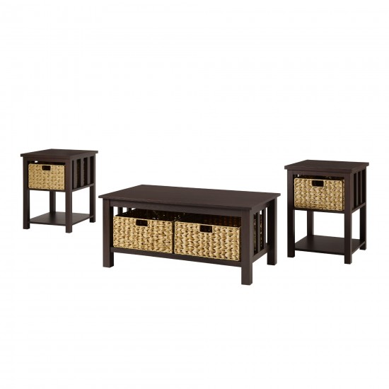 3 Piece Mission Storage Coffee Table and Side Tables - Espresso