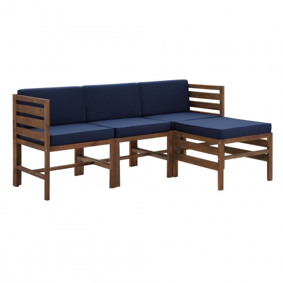 Sanibel 4 Piece Modular Acacia Set with Ottoman - Dark Brown/Navy Blue