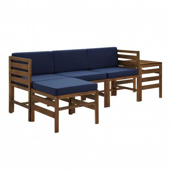 5 Piece Modular Acacia Set with Ottoman and Side Table - Dark Brown/Navy Blue