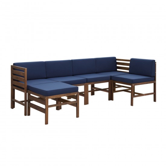 Sanibel 6 Piece Modular Acacia Set with Ottoman - Dark Brown/Navy Blue