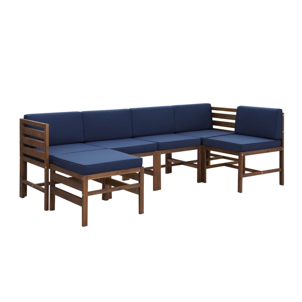 Sanibel 6 Piece Modular Acacia Set with Ottoman - Dark Brown/Navy Blue Sanibel 6 Piece Modular Acacia Set with Ottoman - Dark Brown/Navy Blue