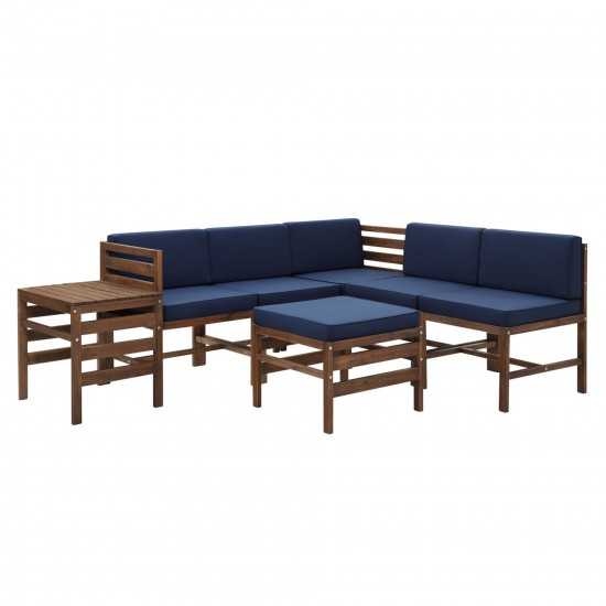 7 Piece Modular Acacia set with Ottoman and Side Table - Dark Brown/Navy Blue