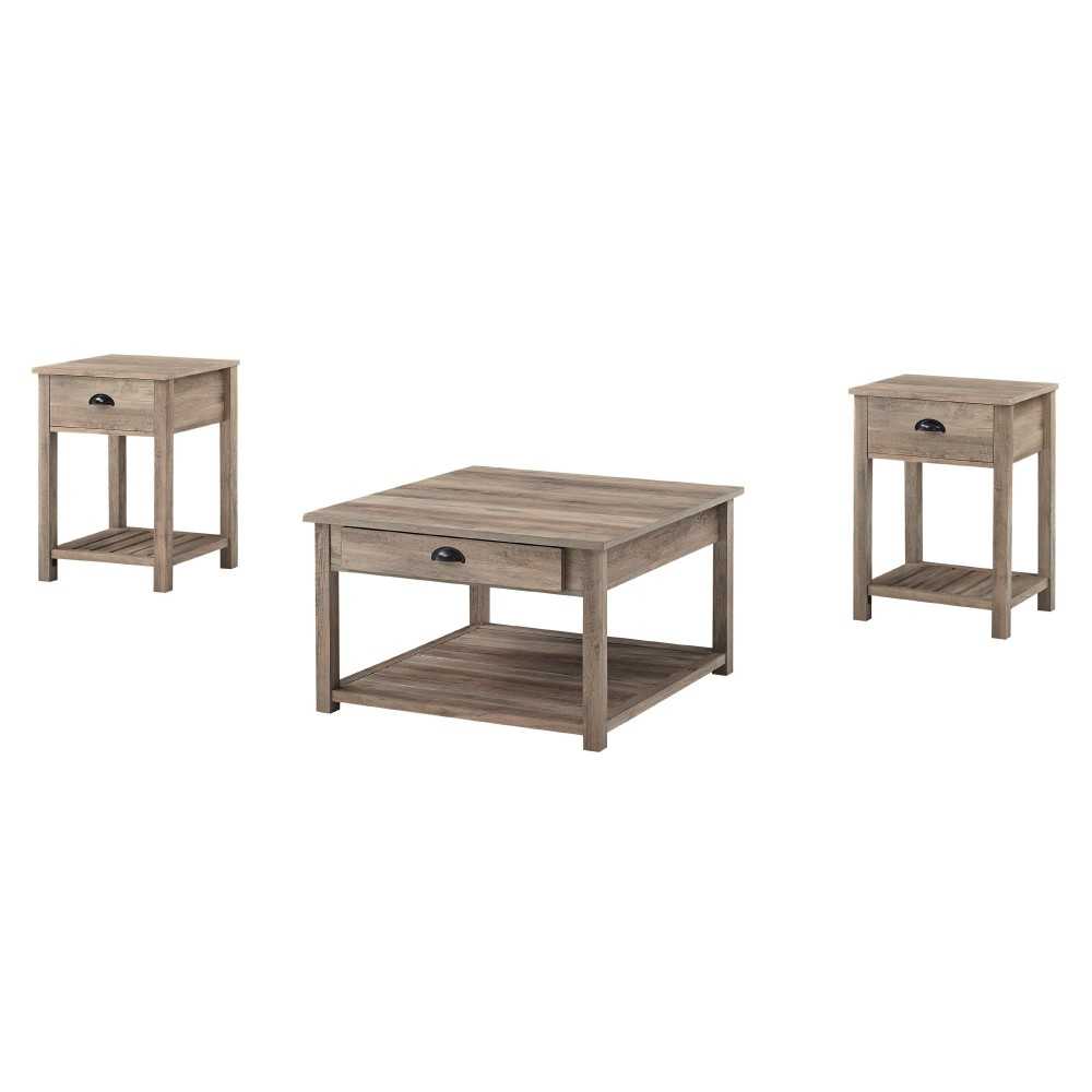 3-Piece Country Coffee Table and Side Table Set - Grey Wash