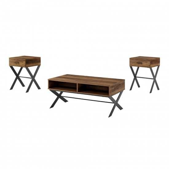 3-Piece X Leg Metal and Wood Living Room Table Set - Relcaimed Barnwood