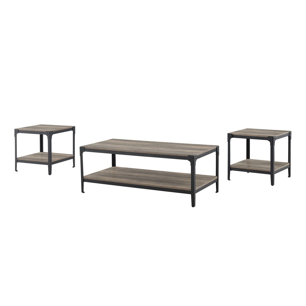 3-Piece Rustic Angle Iron Coffee Table Set - Grey Wash