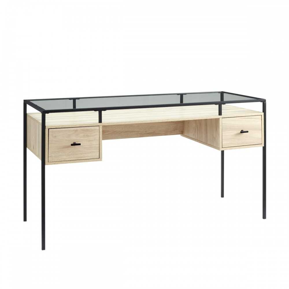 Contemporary 56” Glass Top 2-Tier Executive Desk – Birch