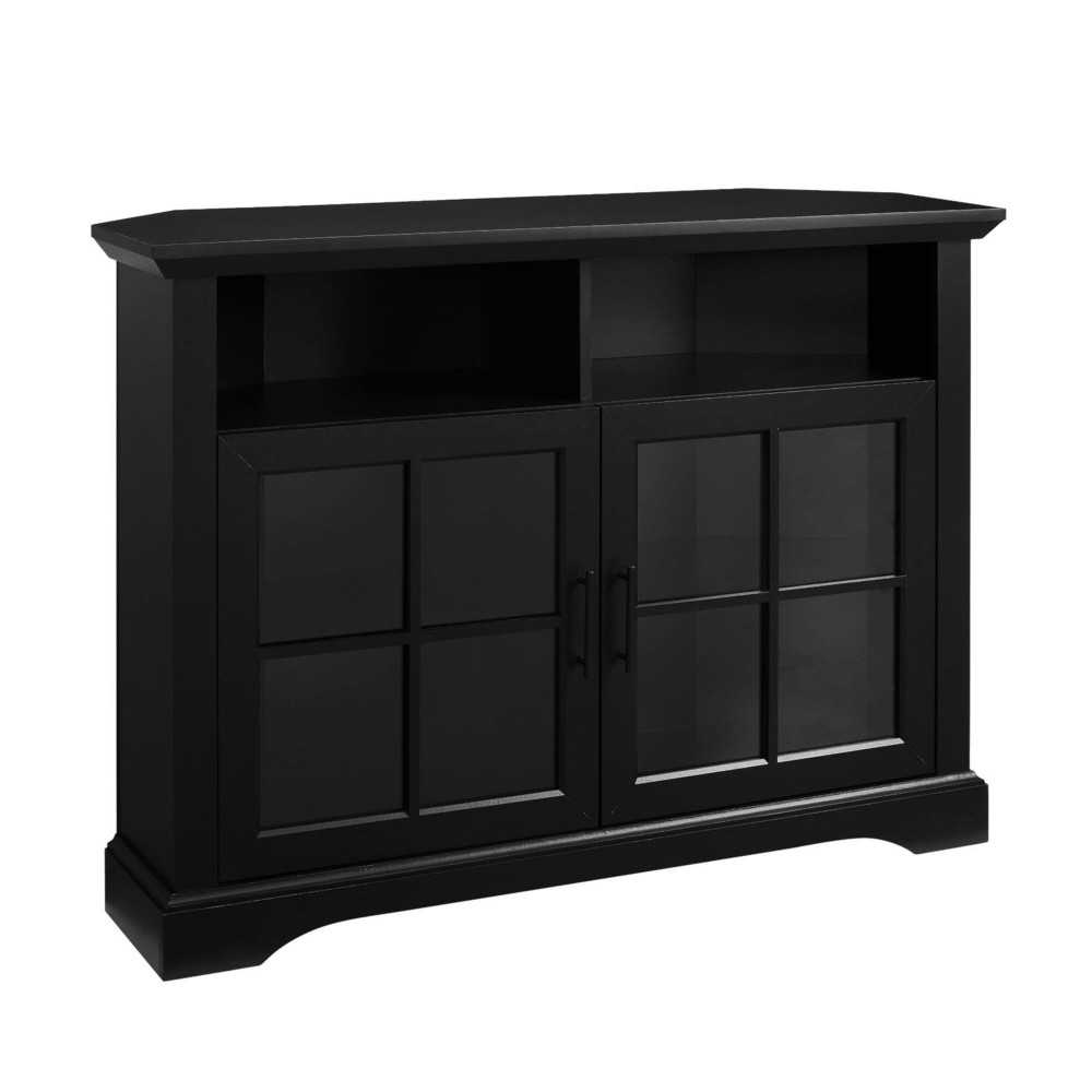 Classic Glass Door Tall Corner TV Stand for TVs up to 50” – Solid Black