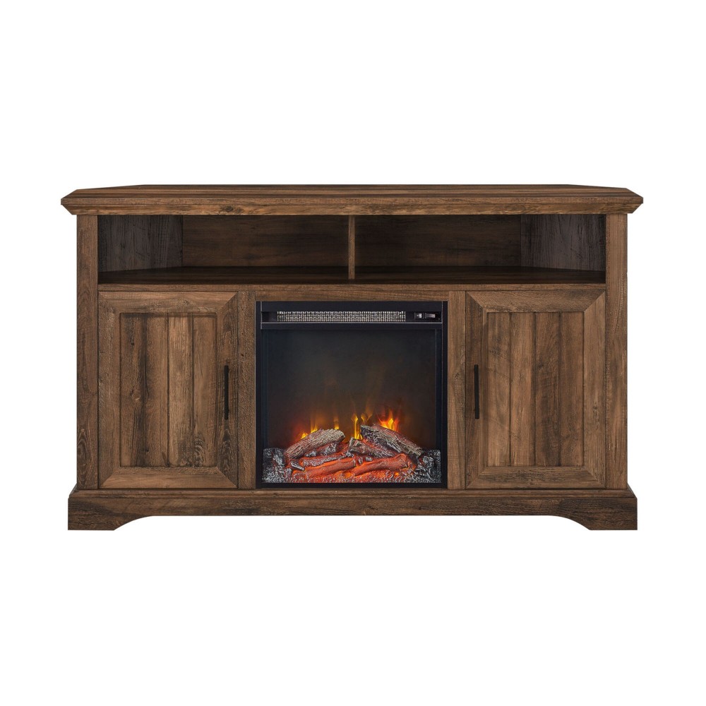 Coastal Grooved Door Fireplace Corner TV Stand for TVs up to 60” - Rustic Oak