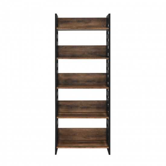 Modern Slat-Side 5 Shelf Bookcase – Solid Black and Rustic Oak