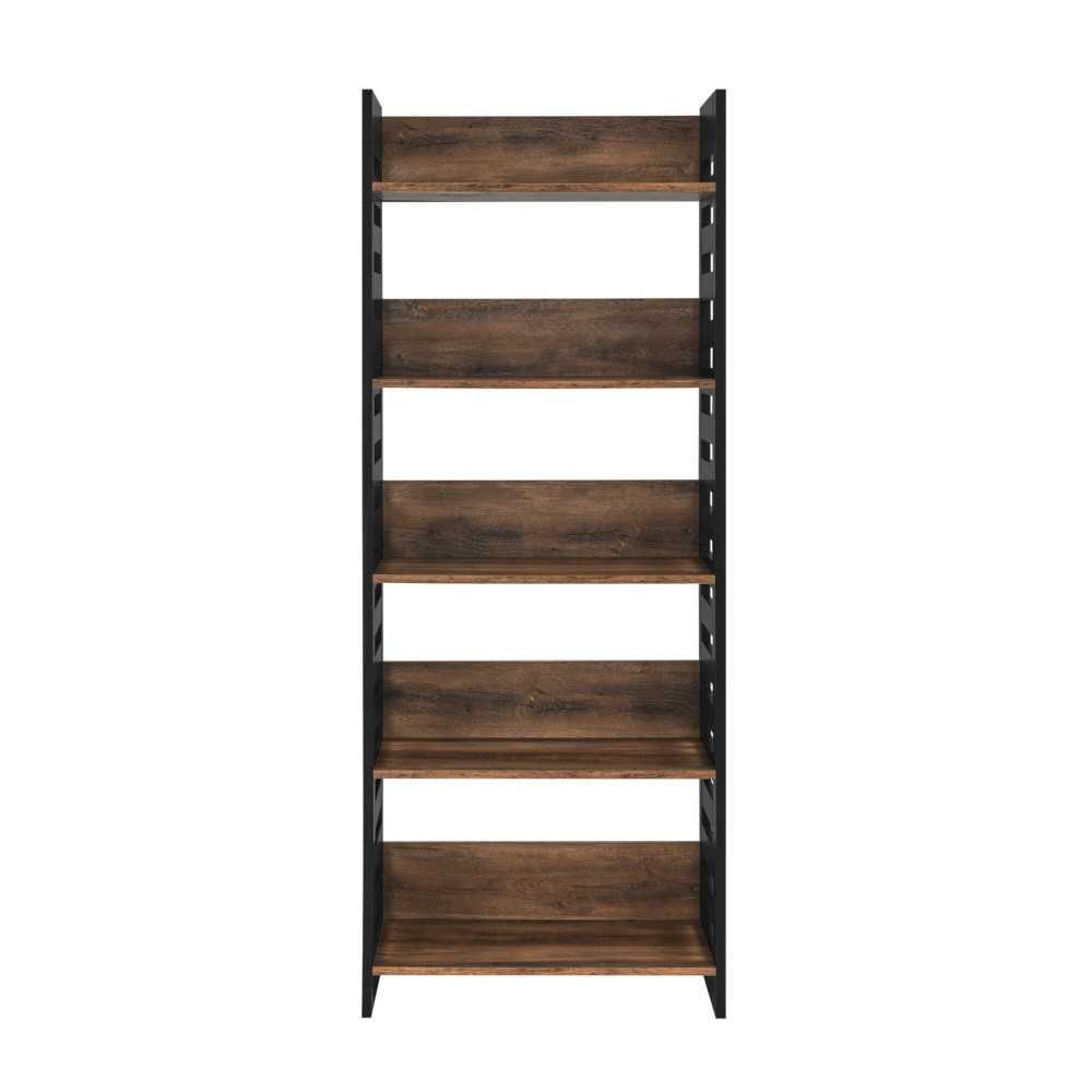 Modern Slat-Side 5 Shelf Bookcase – Solid Black and Rustic Oak