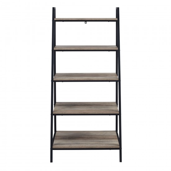 Contemporary Metal and Wood 5-Shelf Ladder Bookshelf – Dark Walnut