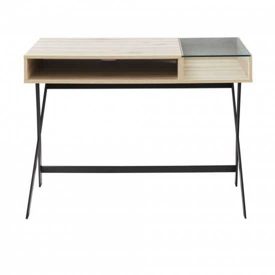 Contemporary Metal-X Leg Glass-Top Computer Desk with Cubby – Birch