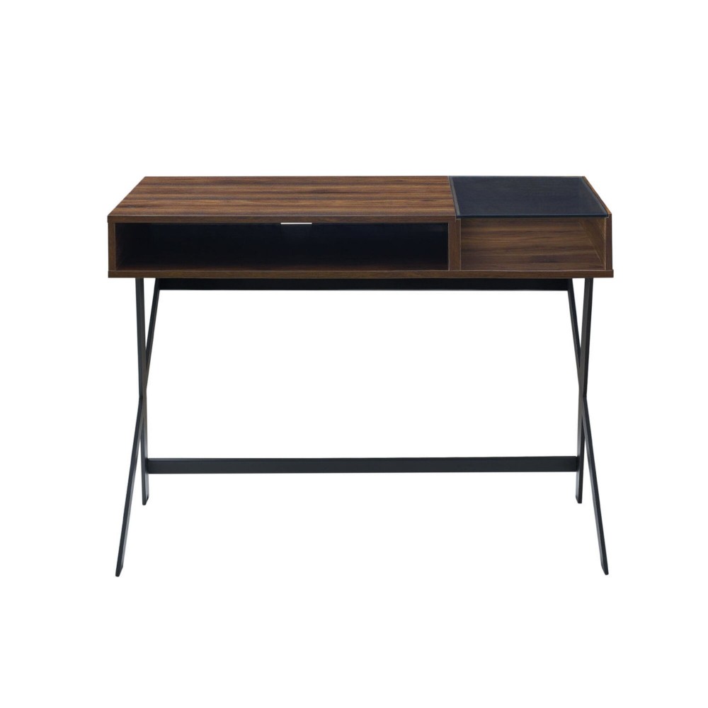 Contemporary Metal-X Leg Glass-Top Computer Desk with Cubby – Dark Walnut