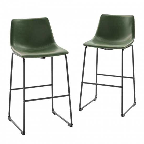 30” Contemporary Metal-Leg Faux Leather Barstool, Set of 2 – Green