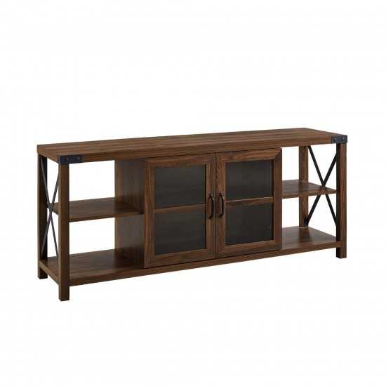 Farmhouse Metal-X Accent Glass Door TV Stand for TVs up to 65” – Dark Walnut