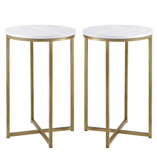 Modern Glam 2-Piece Metal-X Leg Side Table Set – Faux White Marble/Gold