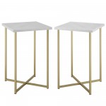 Modern Glam 2-Piece Metal and Wood Square Accent Tables – Faux White Marble/Gold