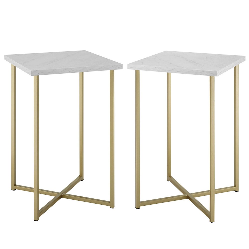 Modern Glam 2-Piece Metal and Wood Square Accent Tables – Faux White Marble/Gold