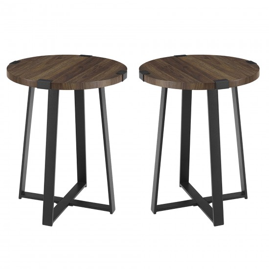 Modern Industrial 2-Piece Metal Wrap Side Table Set – Dark Walnut