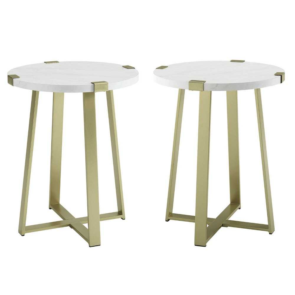 Modern Industrial 2-Piece Metal Wrap Side Table Set – Faux White Marble/Gold