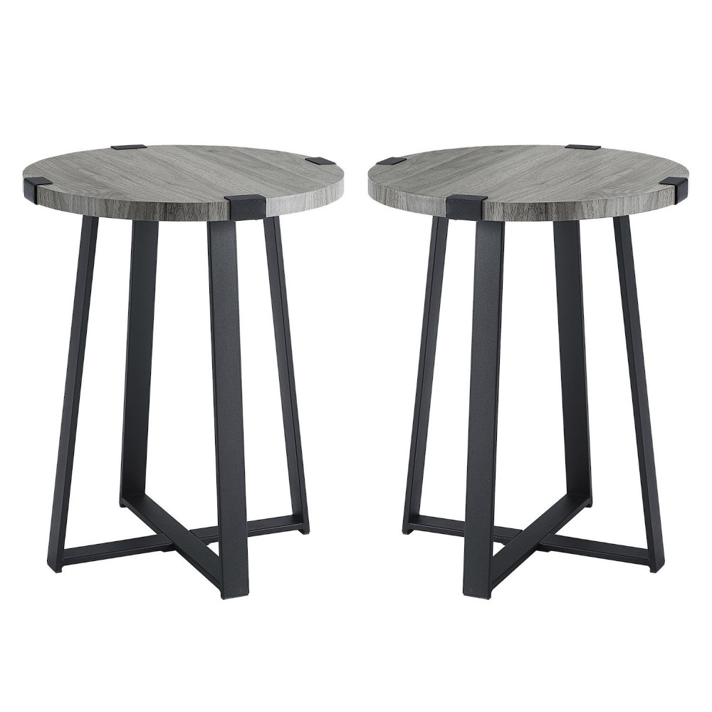 Modern Industrial 2-Piece Metal Wrap Side Table Set – Slate Grey