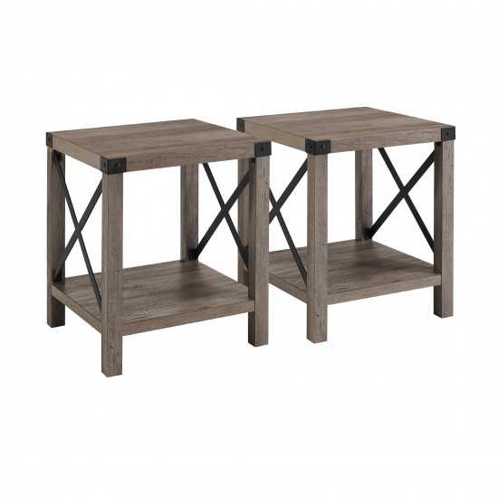 Farmhouse 2-Piece Metal-X Side Tables with Lower Shelf – Grey Wash