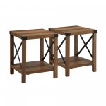 Farmhouse 2-Piece Metal-X Side Tables with Lower Shelf – Rustic Oak