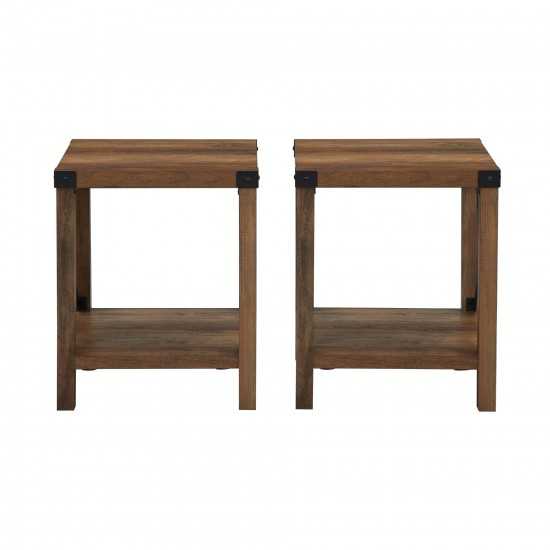 Farmhouse 2-Piece Metal-X Side Tables with Lower Shelf – Rustic Oak