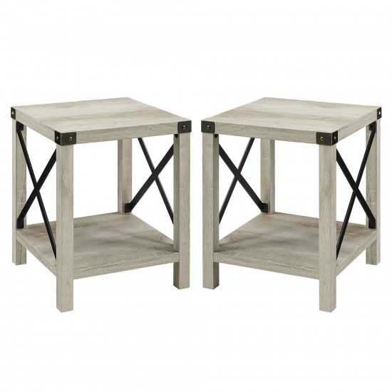 Farmhouse 2-Piece Metal-X Side Tables with Lower Shelf – White Oak