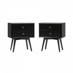 Mid Century Modern 2-Piece 2 Drawer Solid Wood Nightstand Set - Black