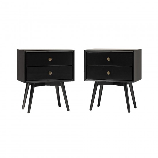 Mid Century Modern 2-Piece 2 Drawer Solid Wood Nightstand Set - Black