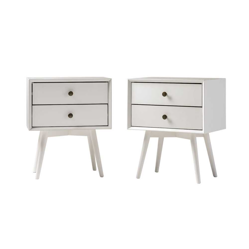 Mid Century Modern 2-Piece 2 Drawer Solid Wood Nightstand Set - White